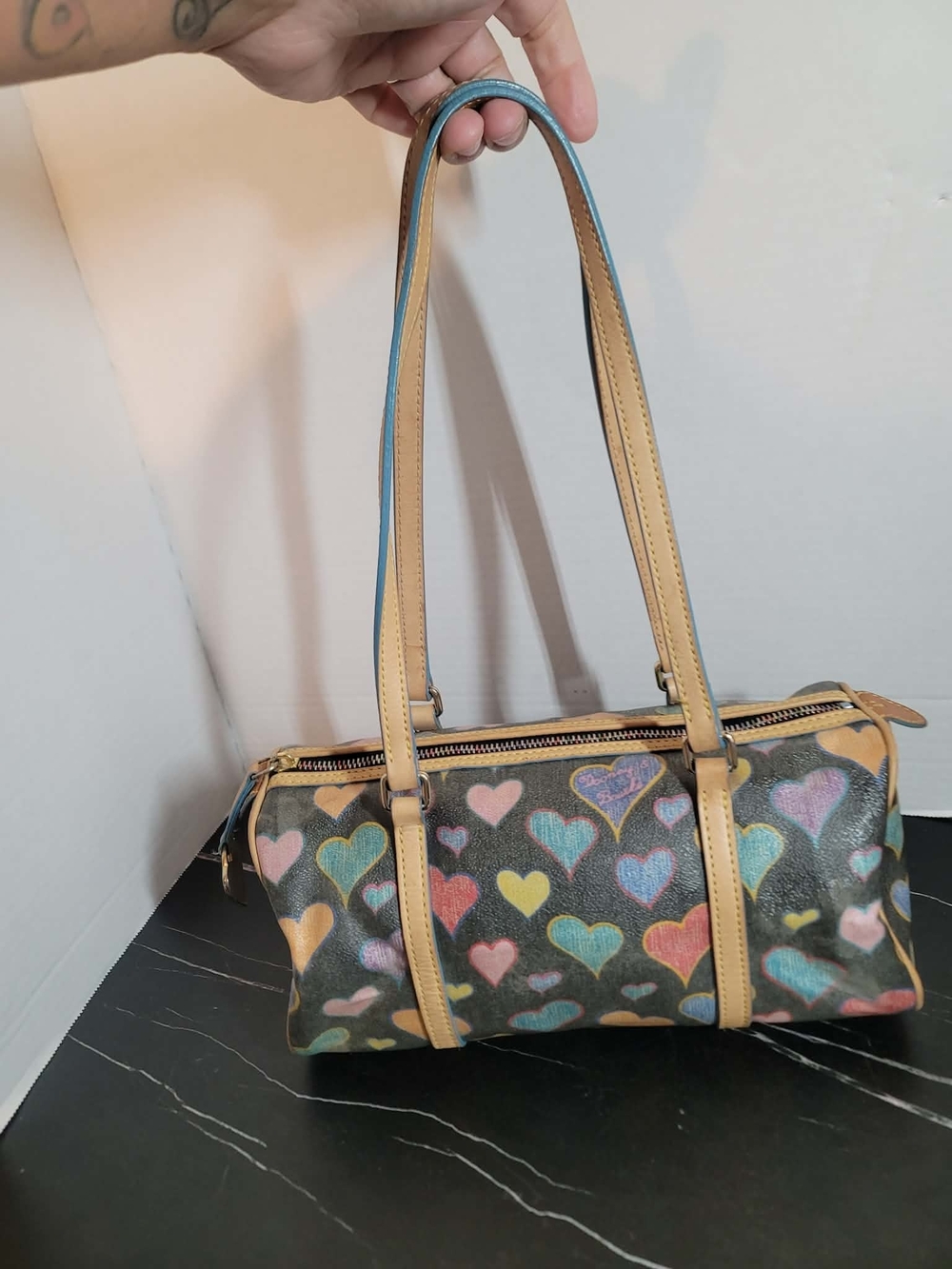 Dooney & Bourke Black Heart Print Shoulder Bag with Tan Straps